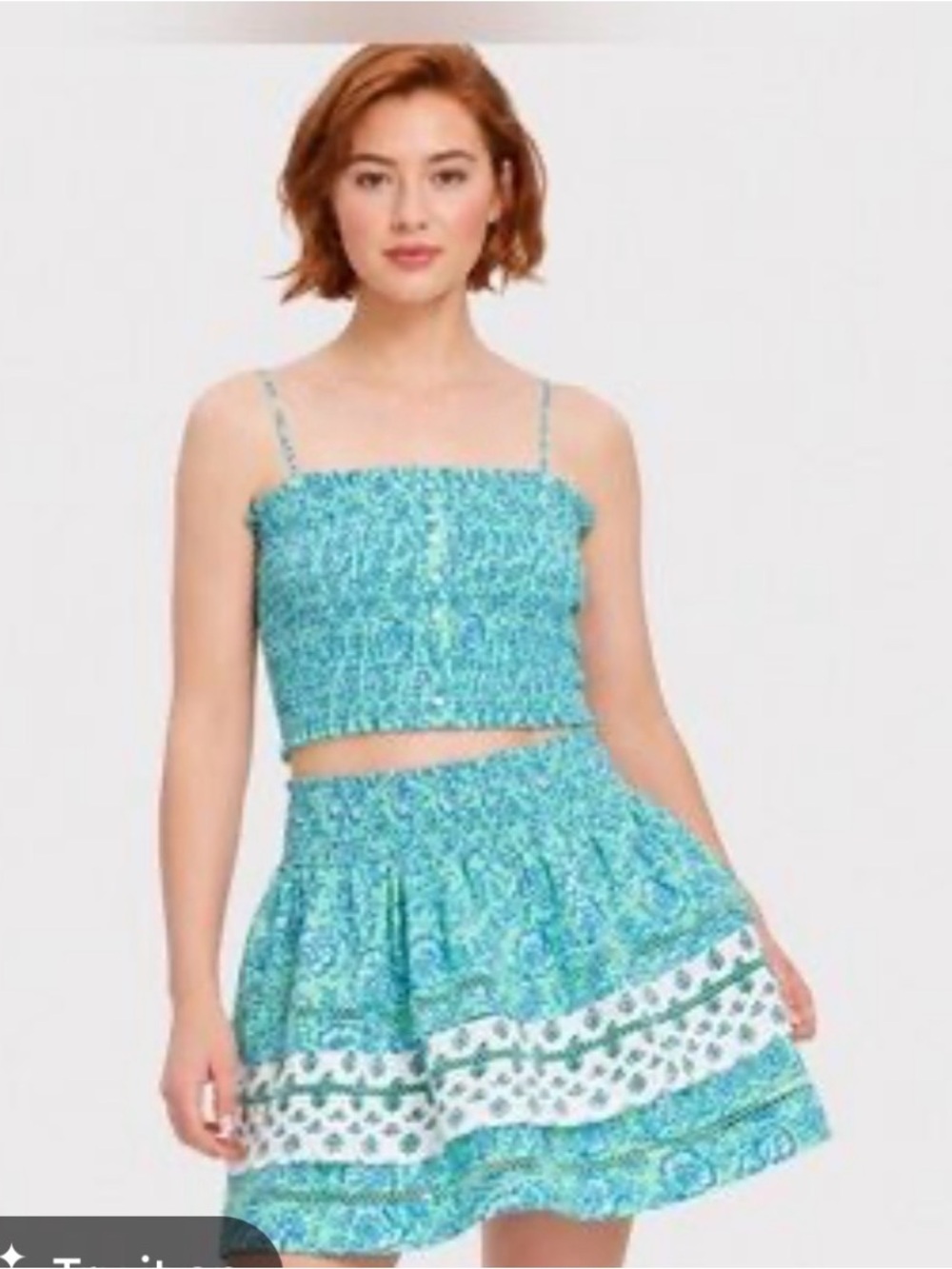 Roller Rabbit Turquoise Floral Smocked Crop Top